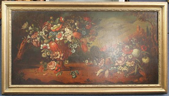 Follower of Cornelis de Heem (1631-1695) An urn of flowers alongside a basket of flowers, a landscape beyond, 22 x 43.5in.